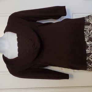 Brown 3/4 sleeve cowl neck sweater with lace neck detail